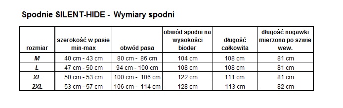 Spodnie Silent Hide Wymiary